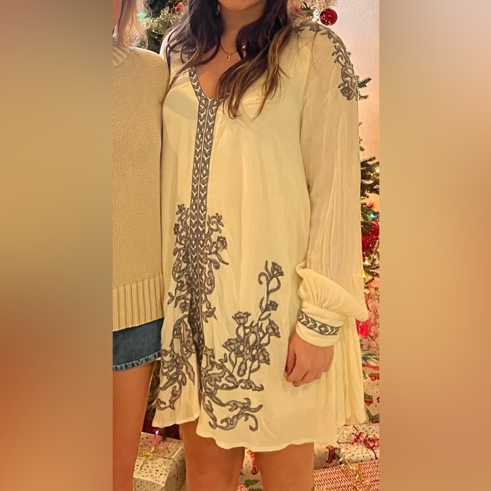 Free People Cream and Gray Floral Tunic Dress